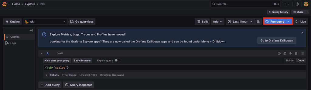 Grafana explore section open with Run query button highlighted at the top right