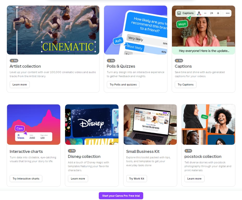 A collage of interactive design tools and resources including video collections, quizzes, captions, and business kits for content creation.