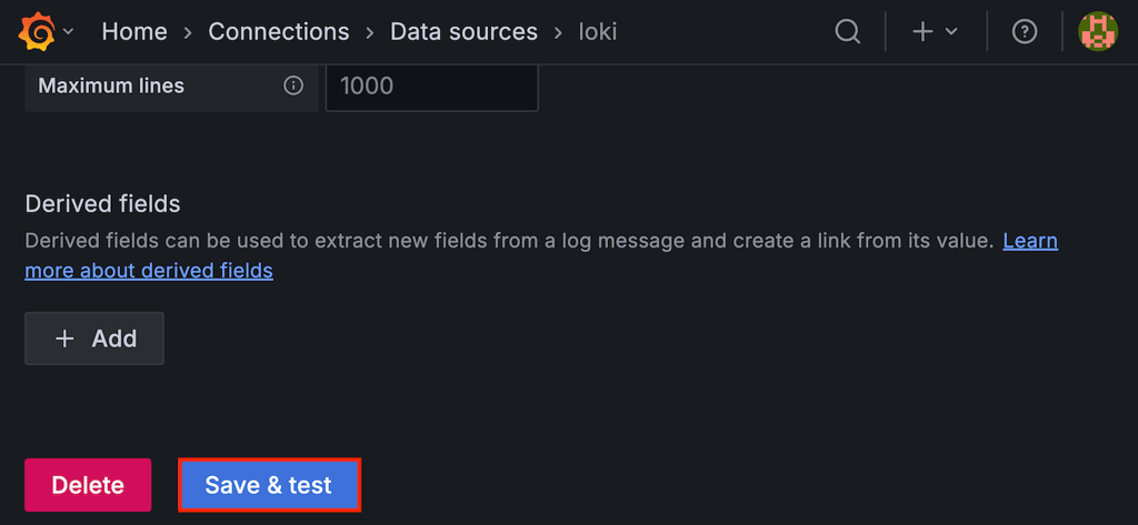 Add data source wizard open in Grafana with save & test button highlighted at the bottom.