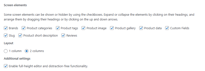 WooCommerce product editor Screen Options panel with the Custom Fields box highlighted