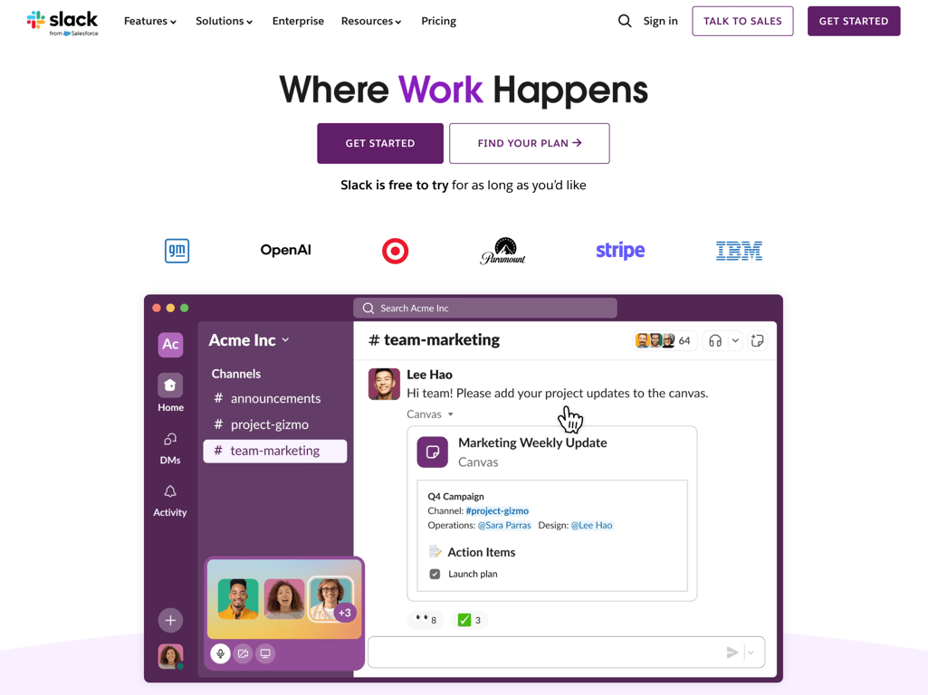 Homepage of Slack
