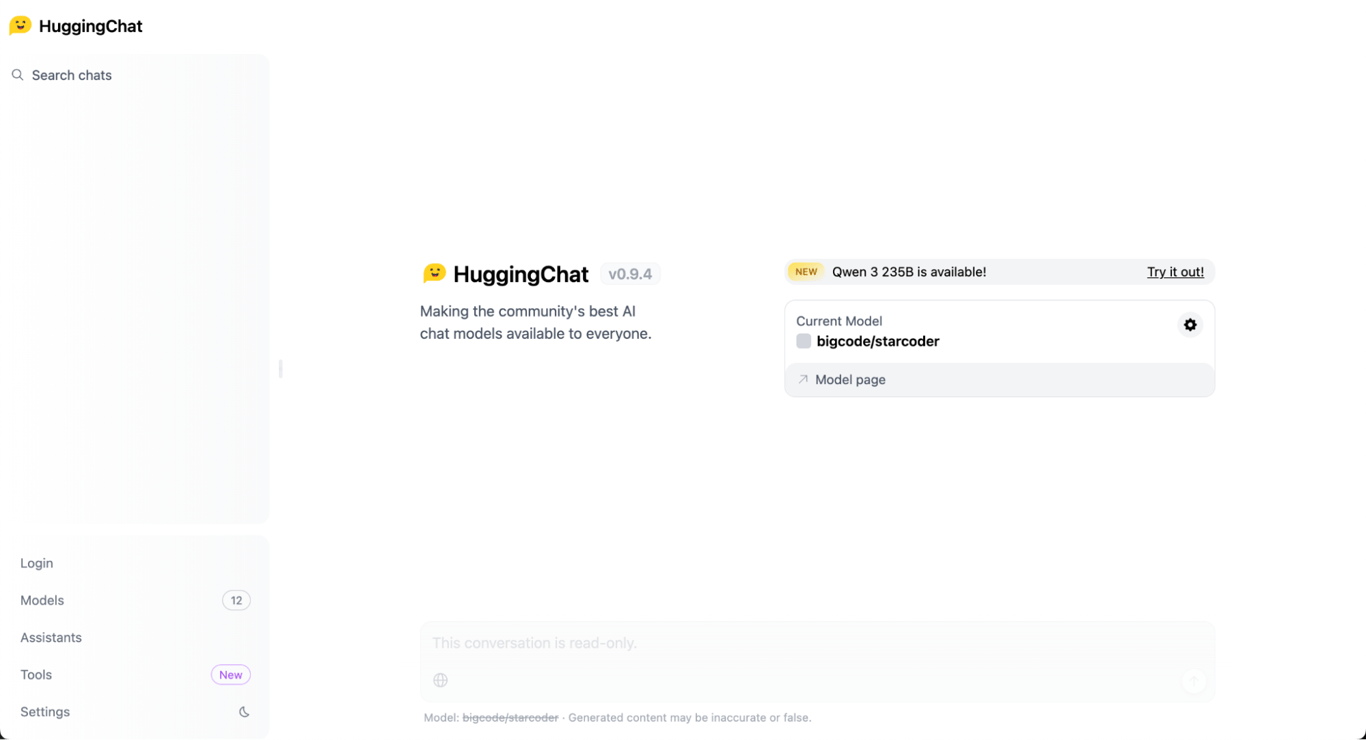 StarCoder HuggingChat interface
