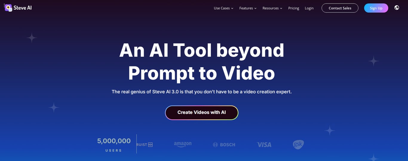 A promotional banner for Steve AI highlighting its video creation capabilities, showcasing its user-friendly approach and five million users.