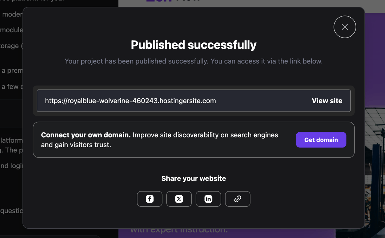 Successfully published message in Hostinger Horizons