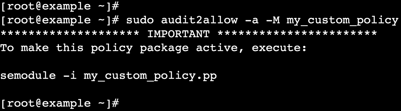 A terminal output shows the generated policy module