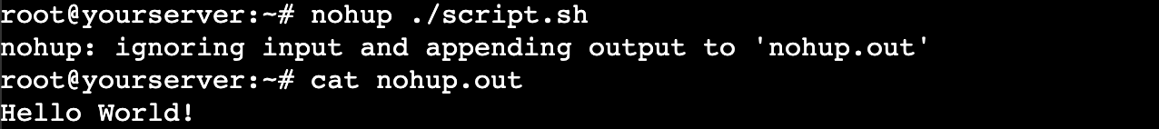 The terminal prints the nohup process's output from the default file