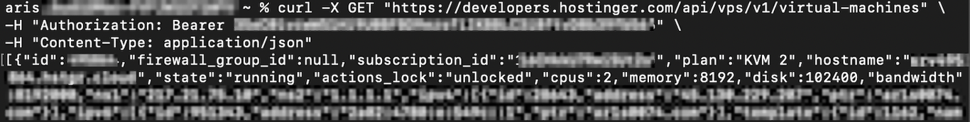 The cURL command API call output