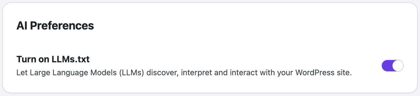 The llms.txt generator toggle on the Hostinger plugin