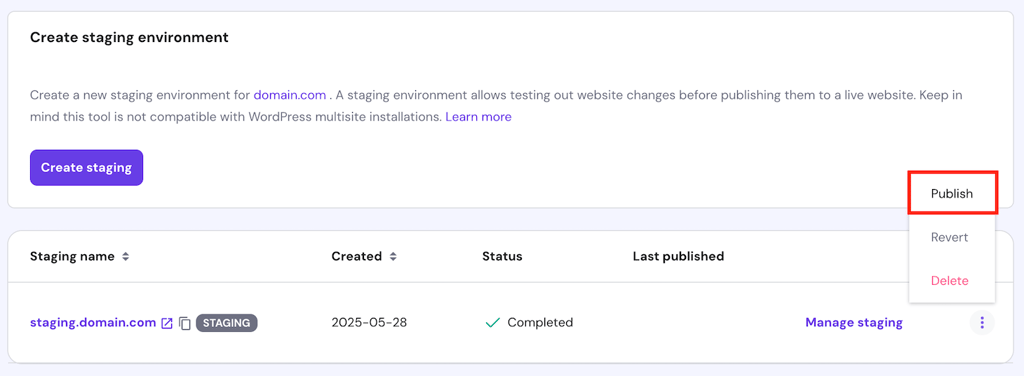 The Publish button on a staging environment in hPanel