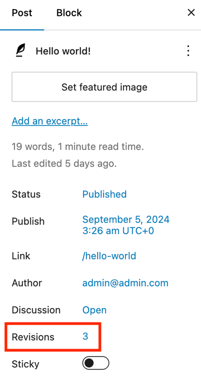 The Revisions menu of WordPress's post editor