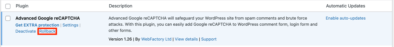The Rollback option on an installed plugin