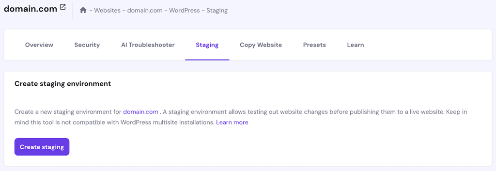 The staging environment creation page in hPanel