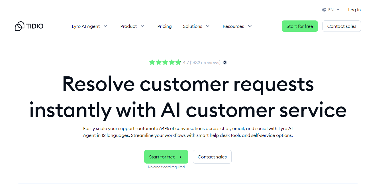 A promotional banner for Tidio's Lyro AI Agent showcasing features for instant customer support and automation across various platforms.