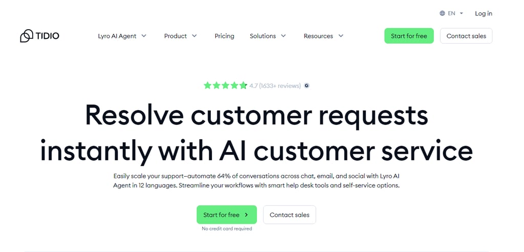 A promotional banner for Tidio's Lyro AI Agent showcasing features for instant customer support and automation across various platforms.