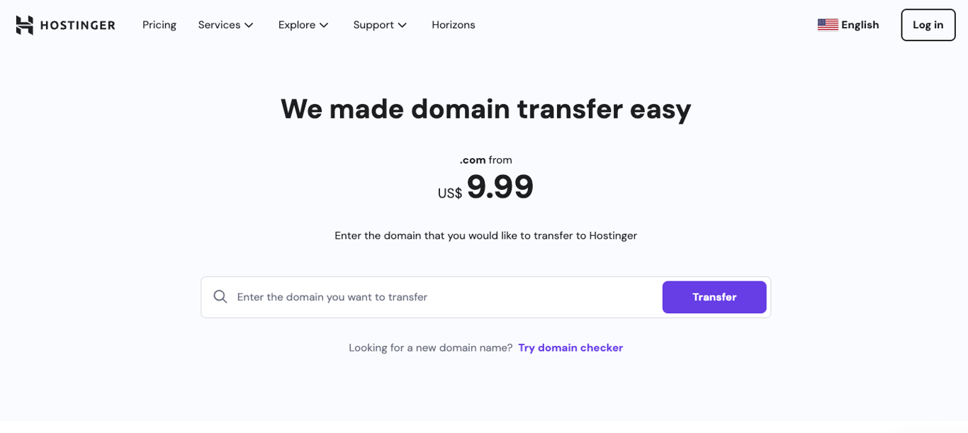 Hostinger's transfer domain page with an inout field and button saying "transfer"