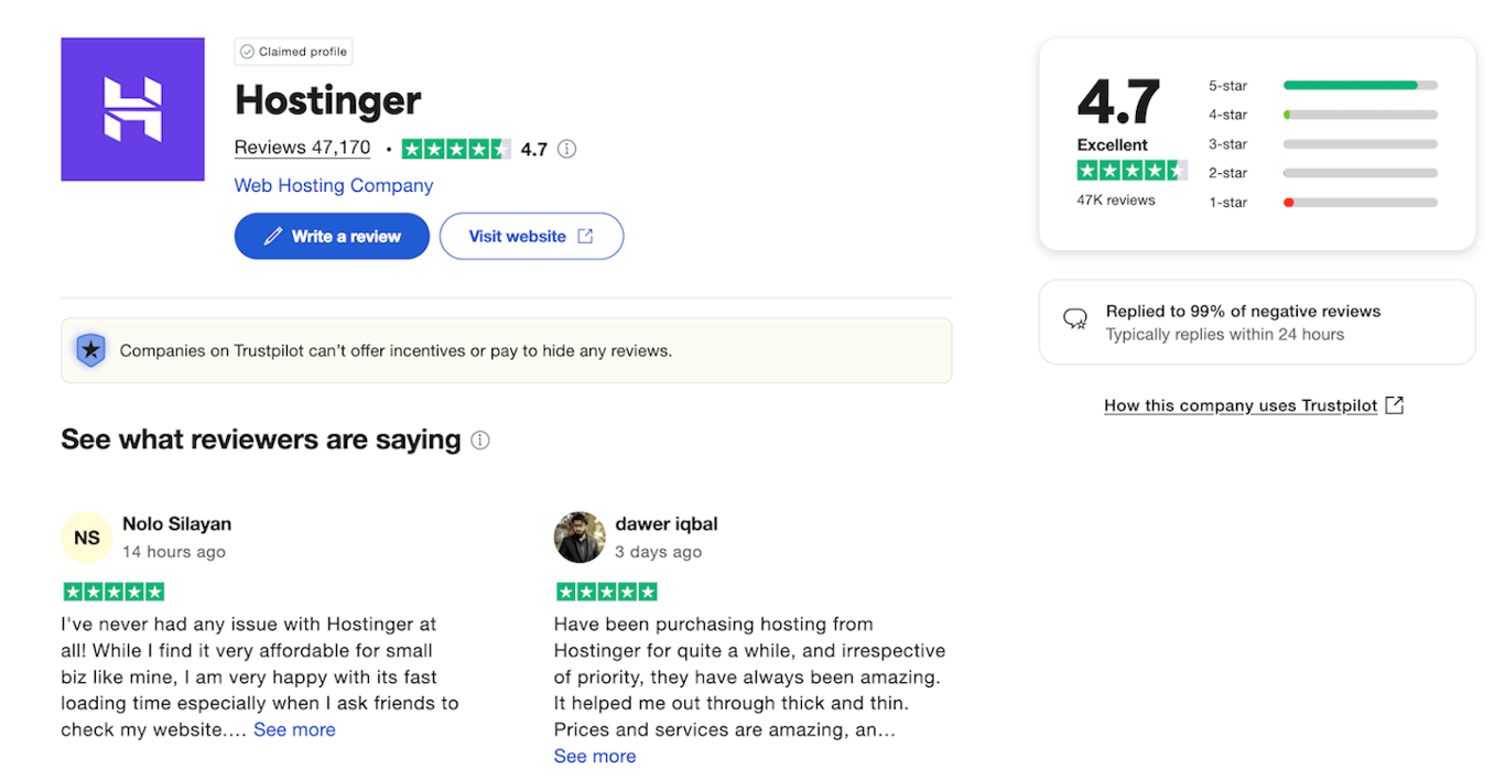 The Hostinger review page on Trustpilot