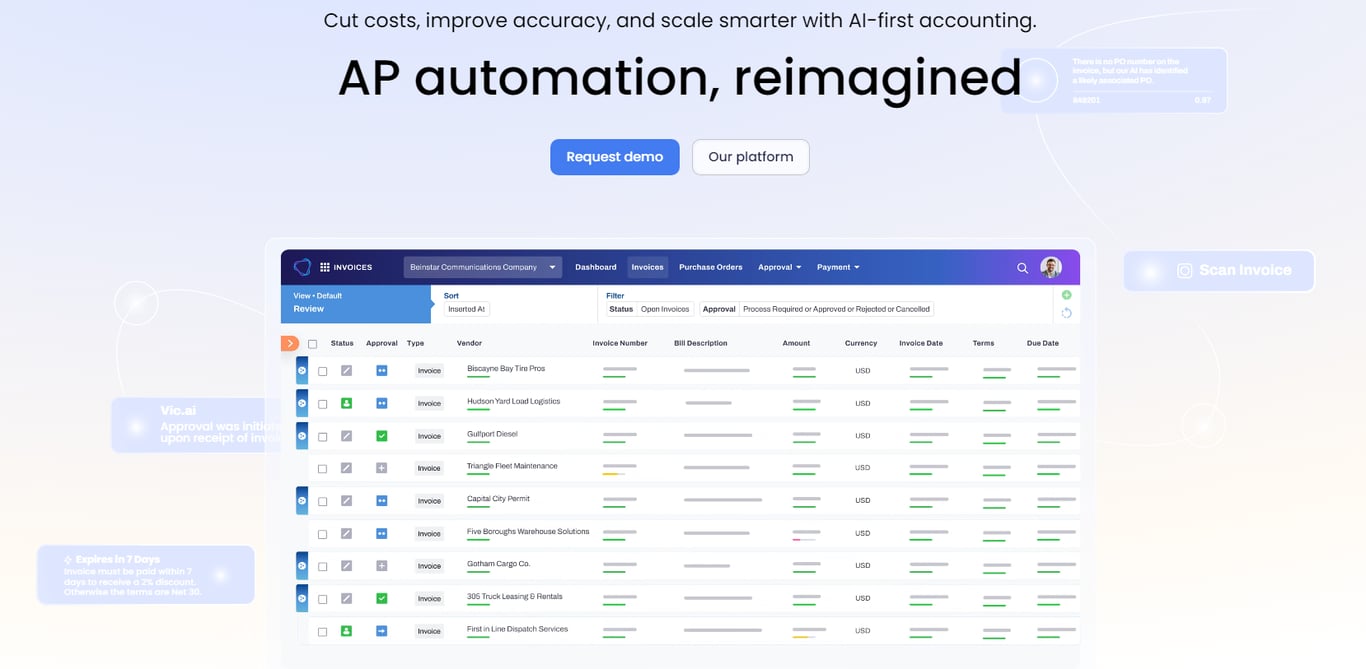 AI-driven AP automation software showing invoice management features and approval statuses for various vendors.