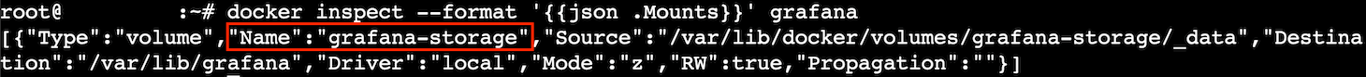 Terminal window showing results of filtered docker inspect command for grafana container - Name grafana-storage highlighted