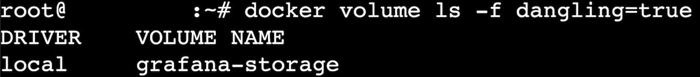 Terminal window showing grafana-storage volume listed