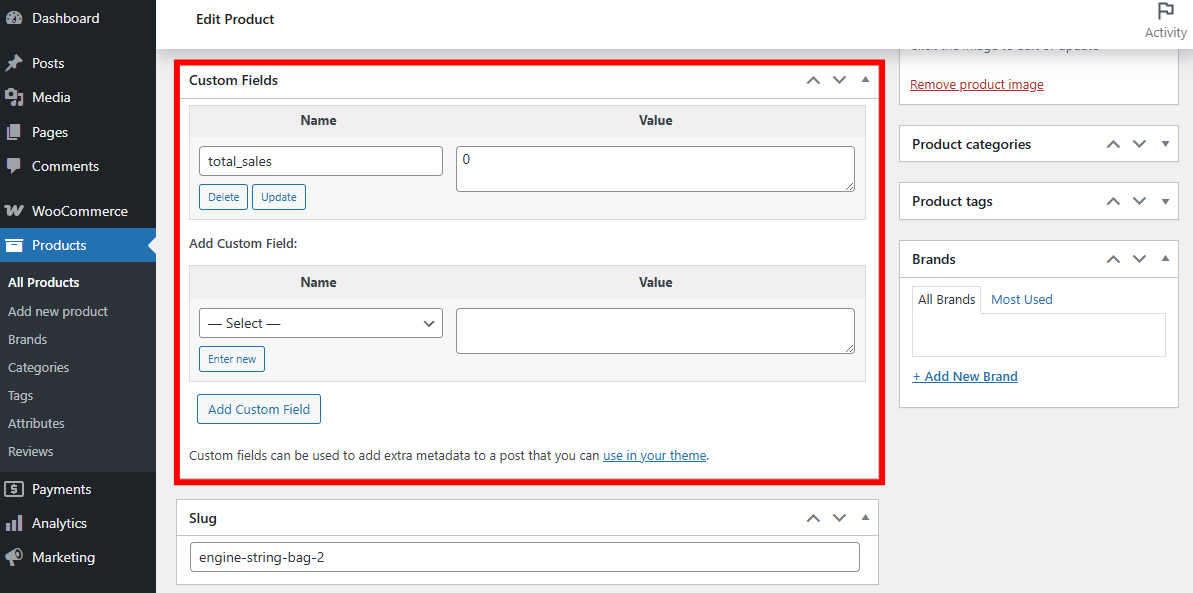 WooCommerce product editor Custom Fields box