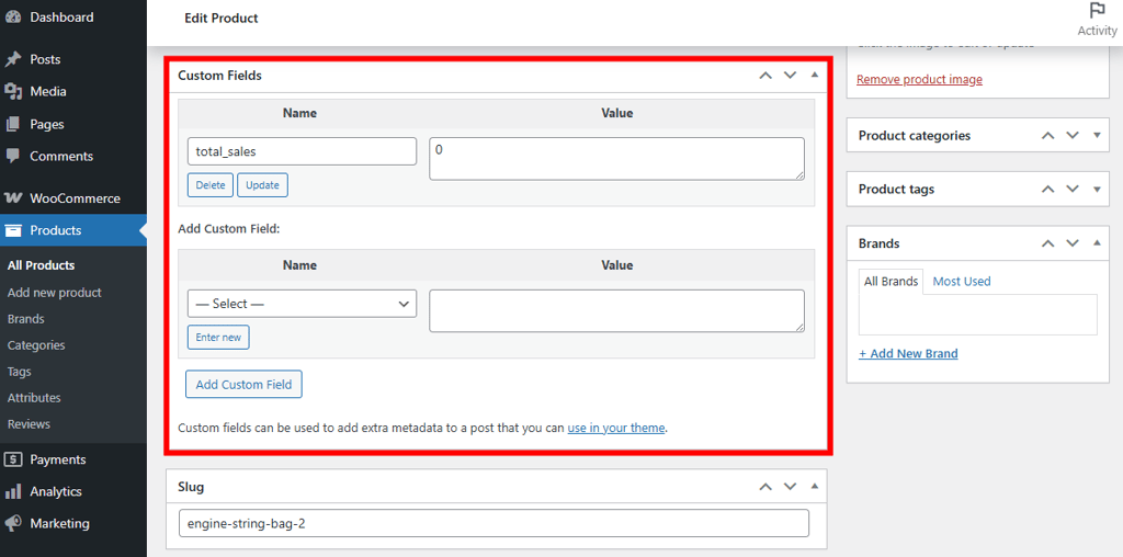 WooCommerce product editor Custom Fields box