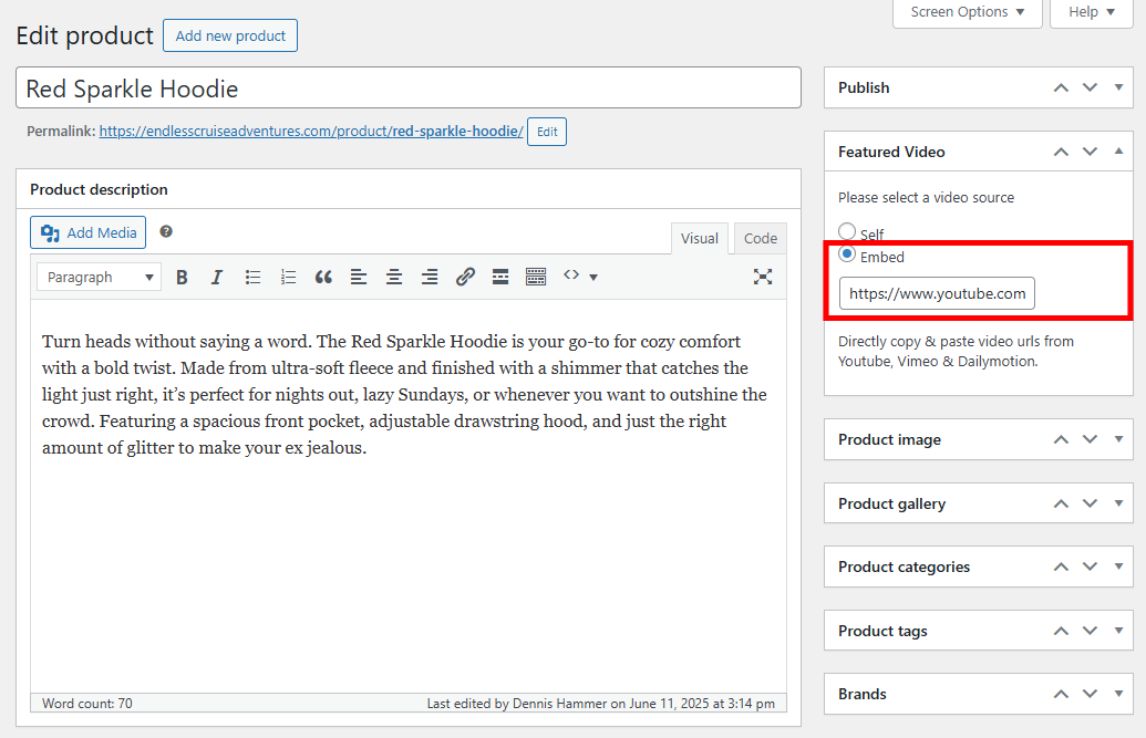 WooCommerce product editor "Featured Video" box with the "Embed" option highlighted