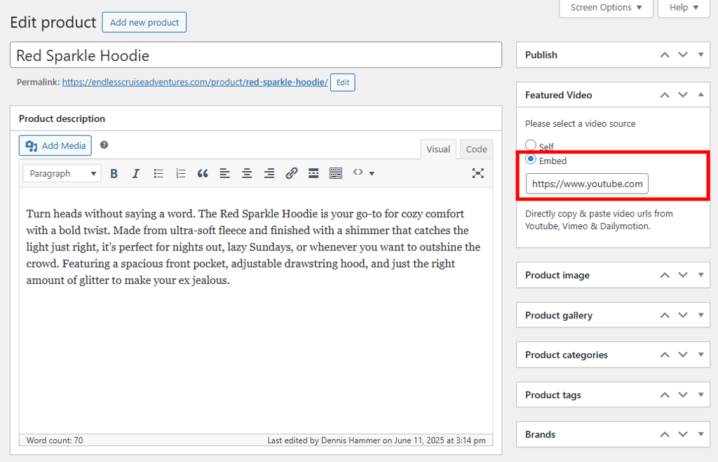 WooCommerce product editor "Featured Video" box with the "Embed" option highlighted