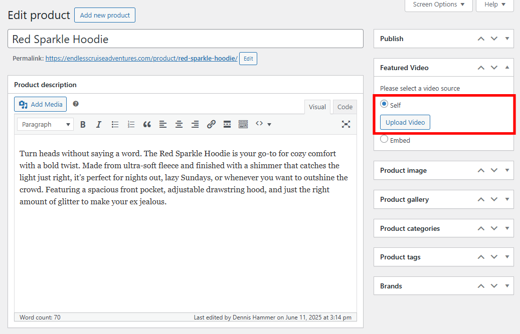 WooCommerce product editor "Featured Video" box with the "Self" option highlighted