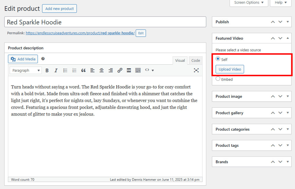 WooCommerce product editor "Featured Video" box with the "Self" option highlighted
