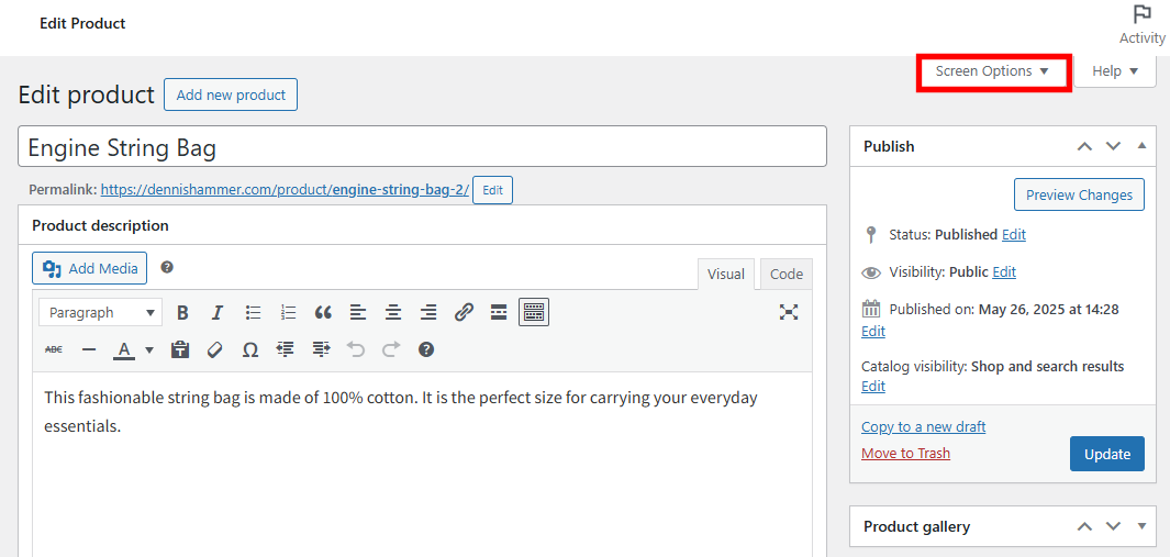 WooCommerce product editor showing the Screen Options button highlighted