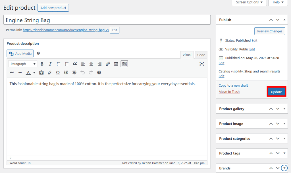 WooCommerce product editor showing the Update button highlighted