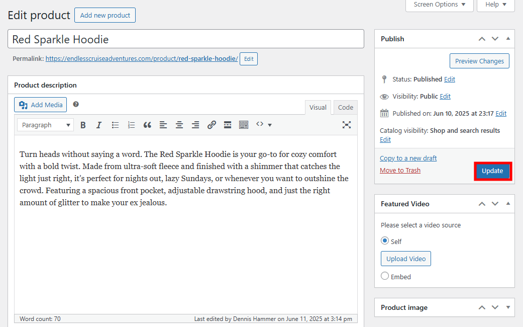 WooCommerce product editor with the "Update" option highlighted