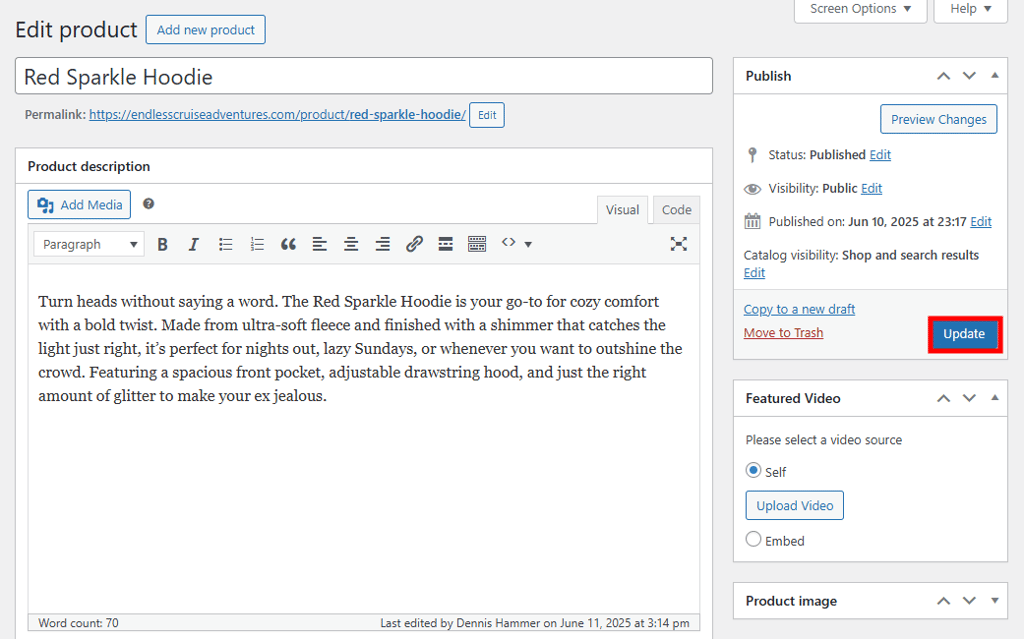 WooCommerce product editor with the "Update" option highlighted