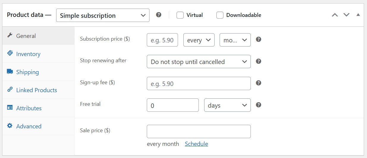 The product data settings on a WooCommerce product showing the subscription details of a simple subscription