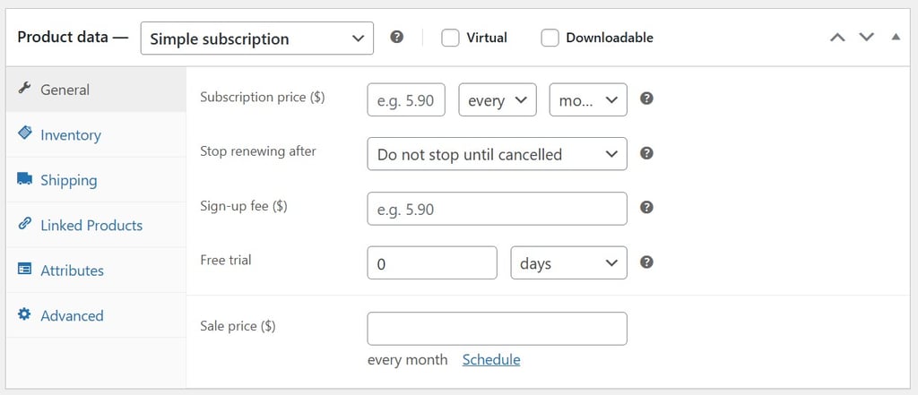 The product data settings on a WooCommerce product showing the subscription details of a simple subscription