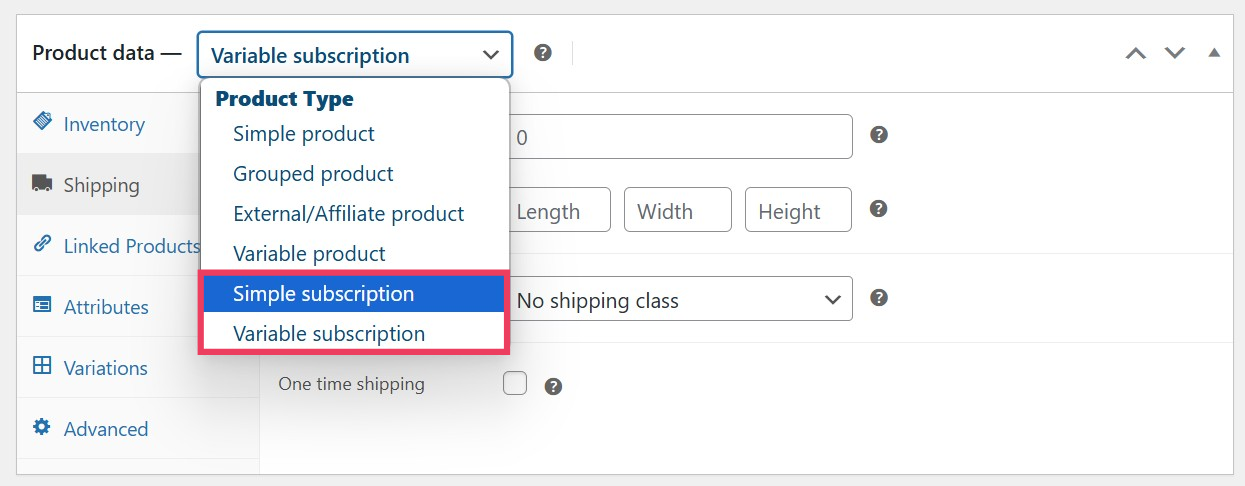 The product data settings on a WooCommerce product showing the simple subscription and variable subscription options