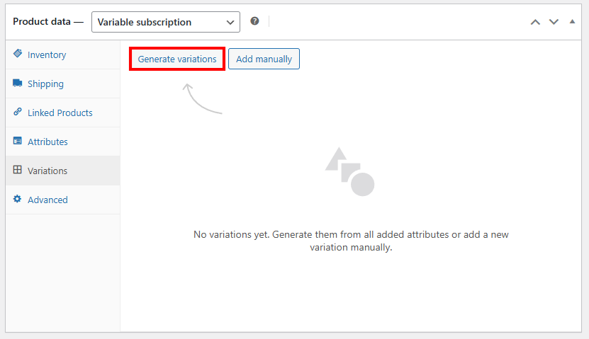 The product data settings on a WooCommerce product showing the variations tab with the generate variations button highlighted