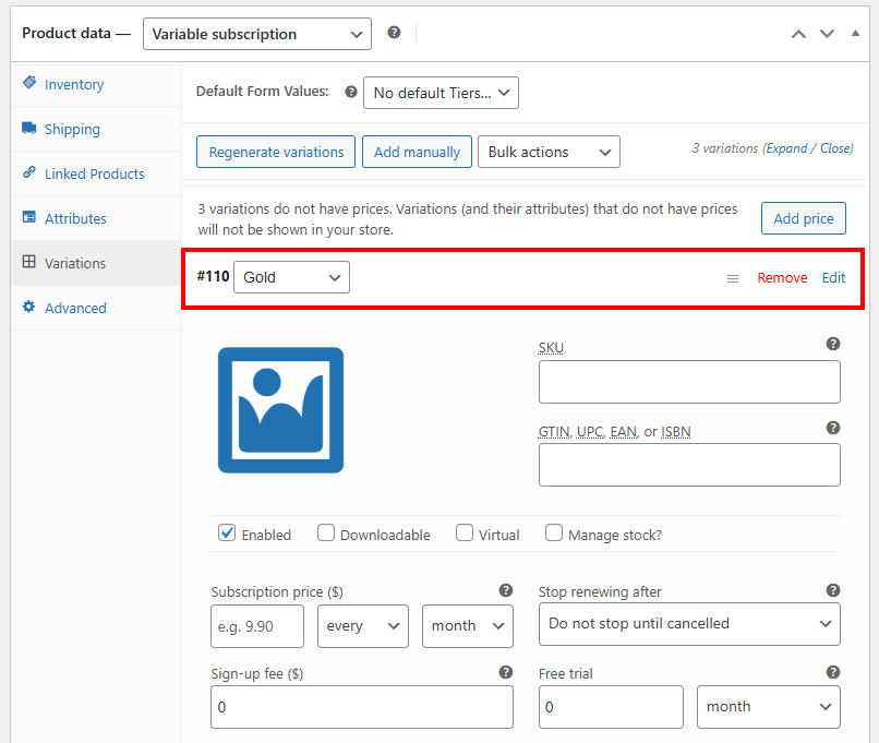 The product data settings on a WooCommerce product showing an open variation