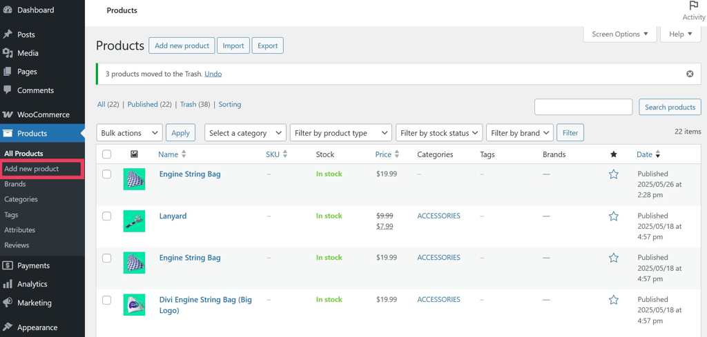 The WordPress dashboard showing where to click to add a new WooCommerce product. 