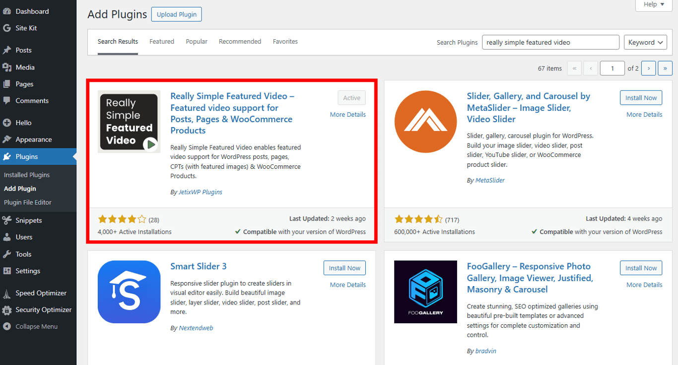 WordPress dashboard showing the Add Plugins page and the Really Simple Featured Video plugin highlighted.