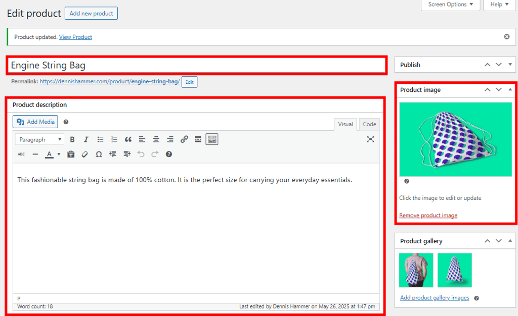The WooCommerce product editor with essential fields highlighted