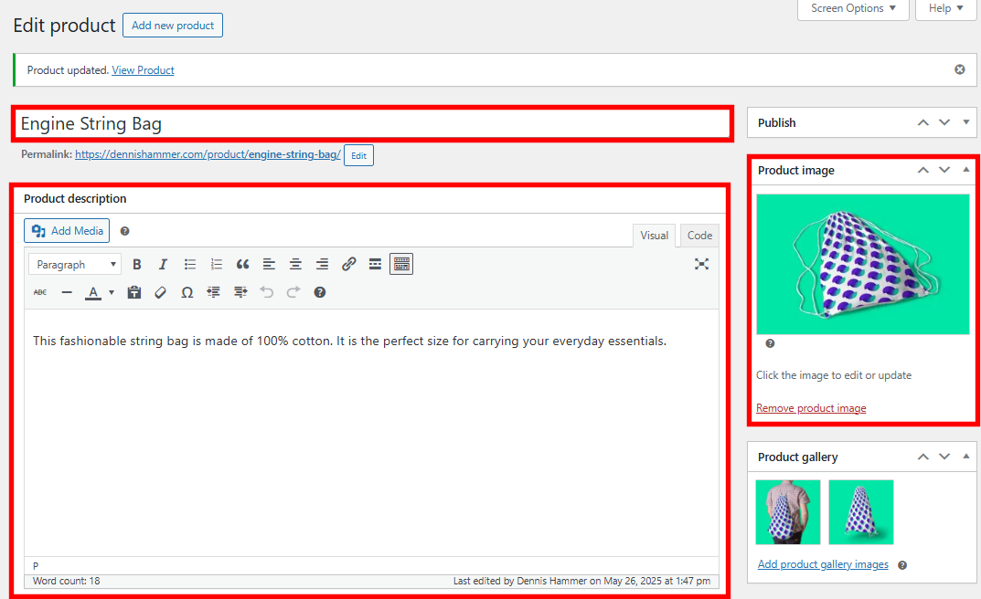 The WooCommerce product editor with essential fields highlighted