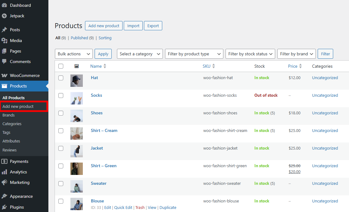 The WordPress dashboard showing where to click to add a new WooCommerce product.