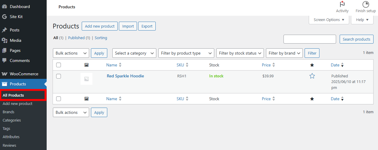 WordPress dashboard with the "All Products" menu link highlighted