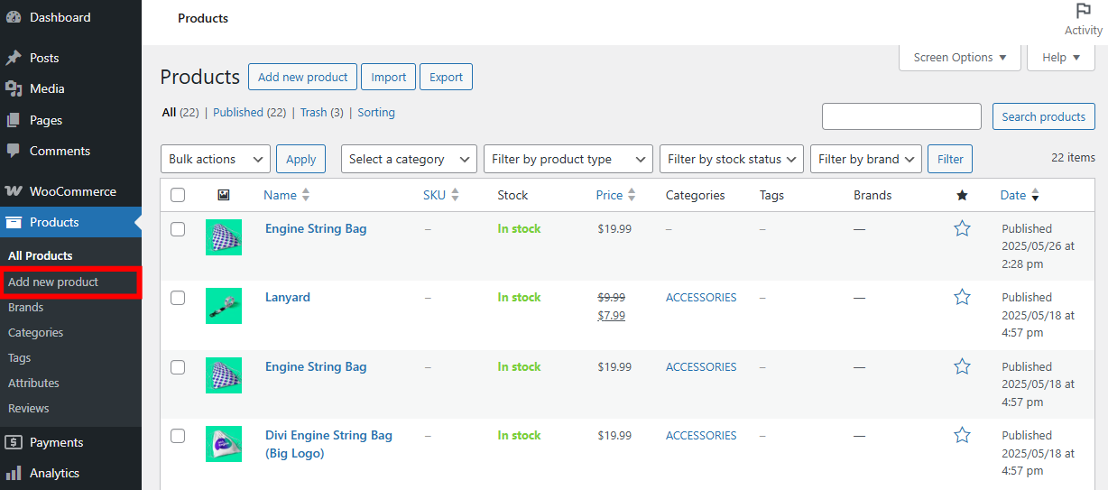 WordPress dashboard showing the product list with the Add new product button highlighted