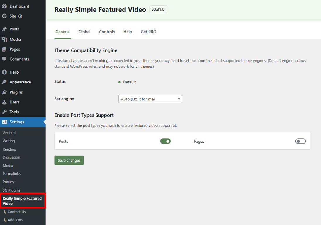 WordPress dashboard with the menu link to Really Simple Featured Video highlighted