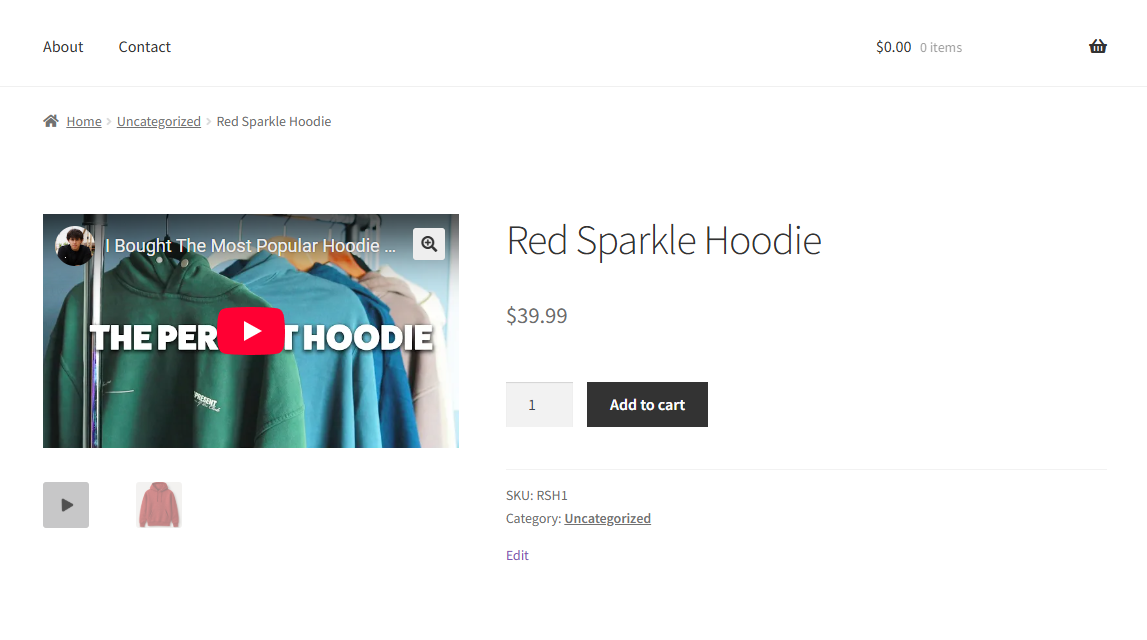 WooCommerce product on the front end showing a featured video in the product image gallery