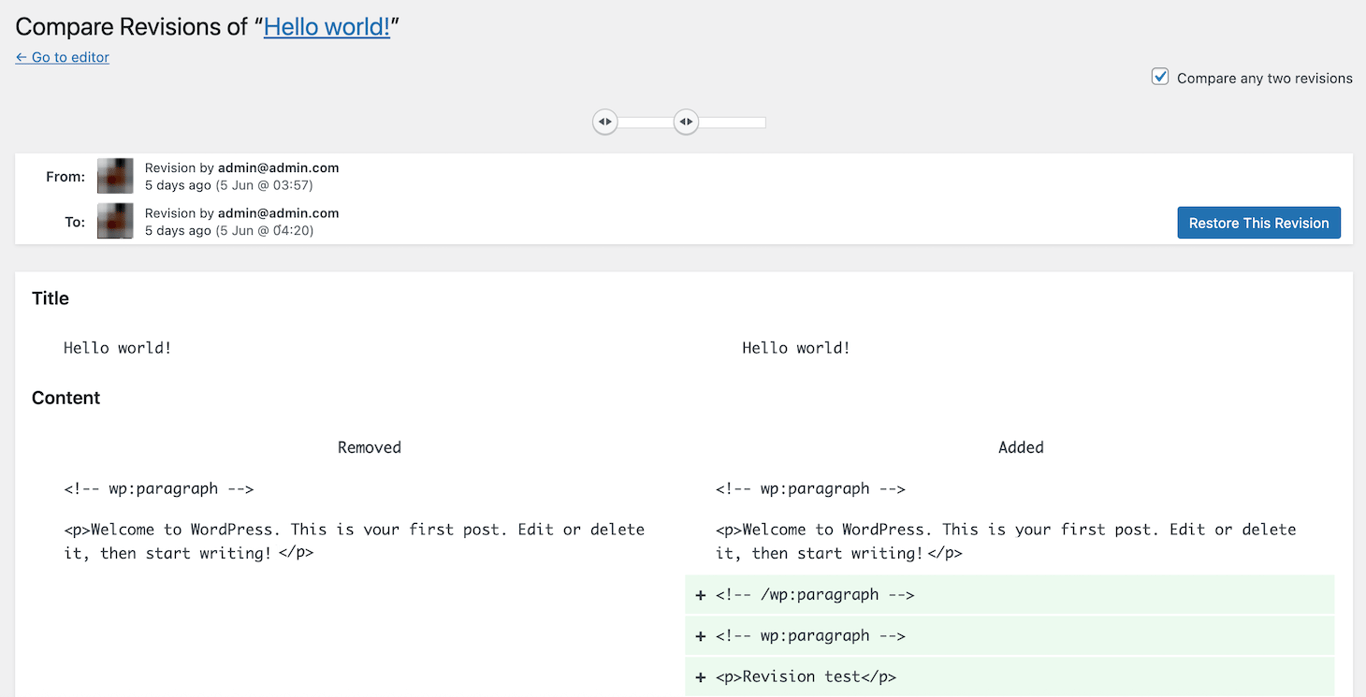 WordPress's revision management page