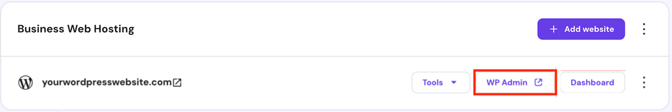 WordPress website's admin panel access button on hPanel