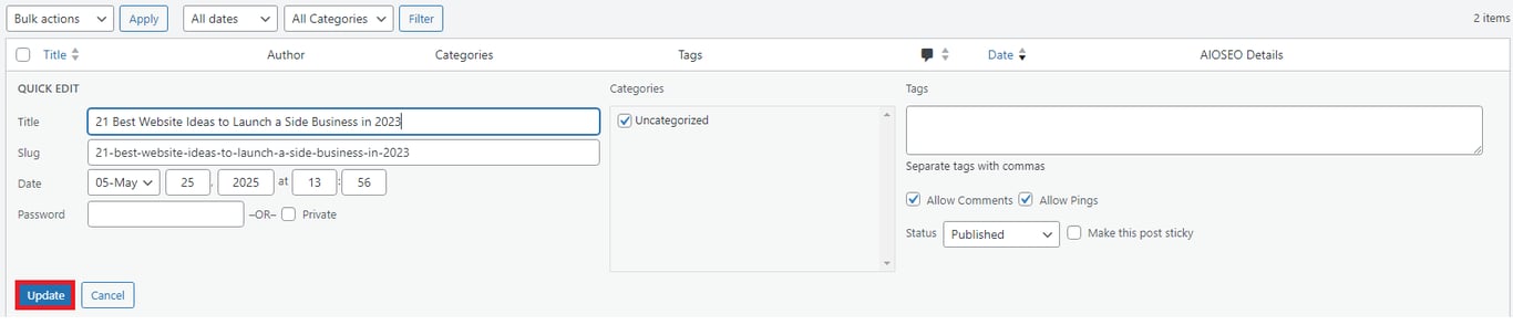 A website editor displaying a title, date, and categories for a blog post titled "21 Best Website Ideas to Launch a Side Business in 2023."